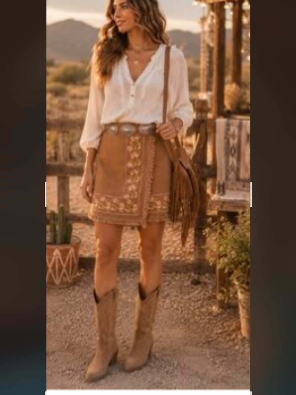 Spartina 449 Brown Mini Skirt with Pink Floral Embroidery